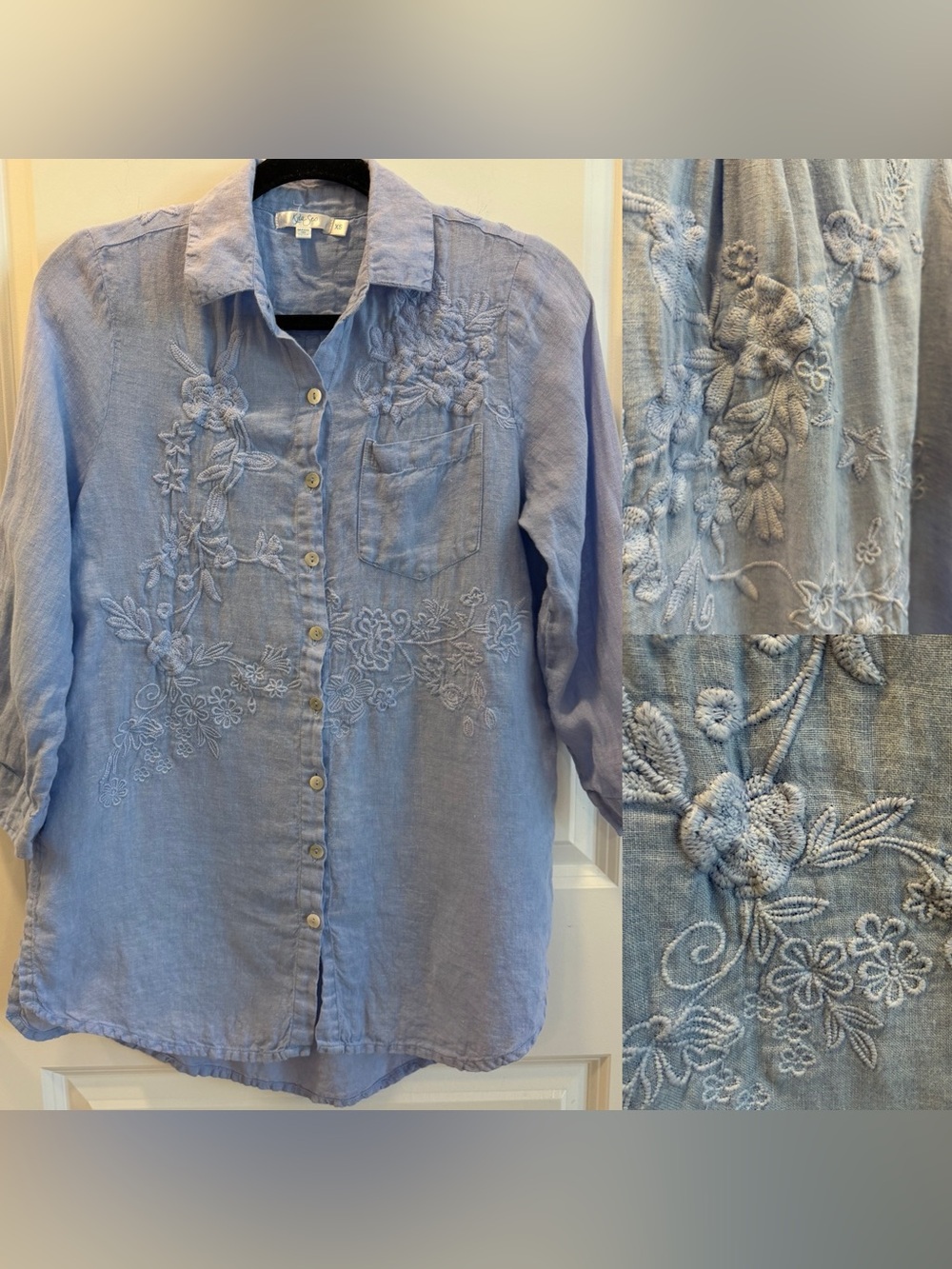 Kyla Seo Women’s 100% Linen Embroidered Button Down Blouse Blue size XS
